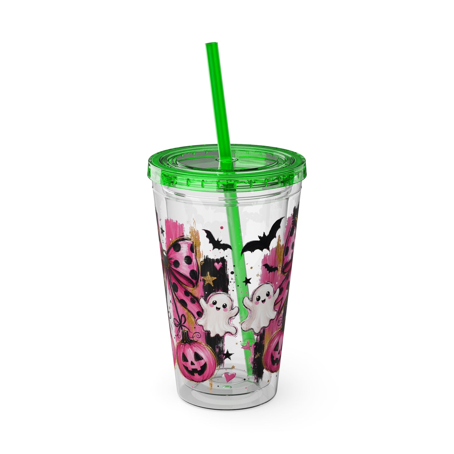 Halloween Pink Ghost Tumbler with Straw — 16oz Cute Pumpkin & Bow Drink Cup