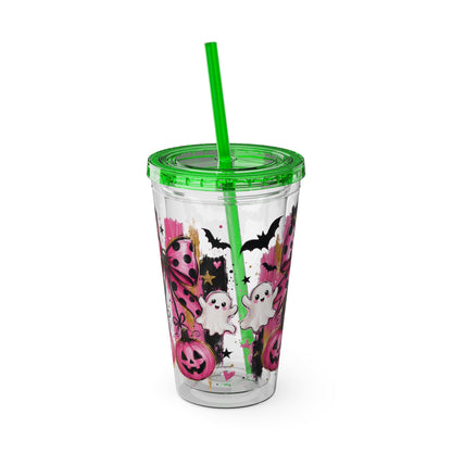 Halloween Pink Ghost Tumbler with Straw — 16oz Cute Pumpkin & Bow Drink Cup