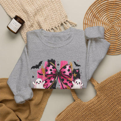 Halloween Pink Pumpkin Crewneck Sweatshirt — Cute Ghosts & Bow Graphic