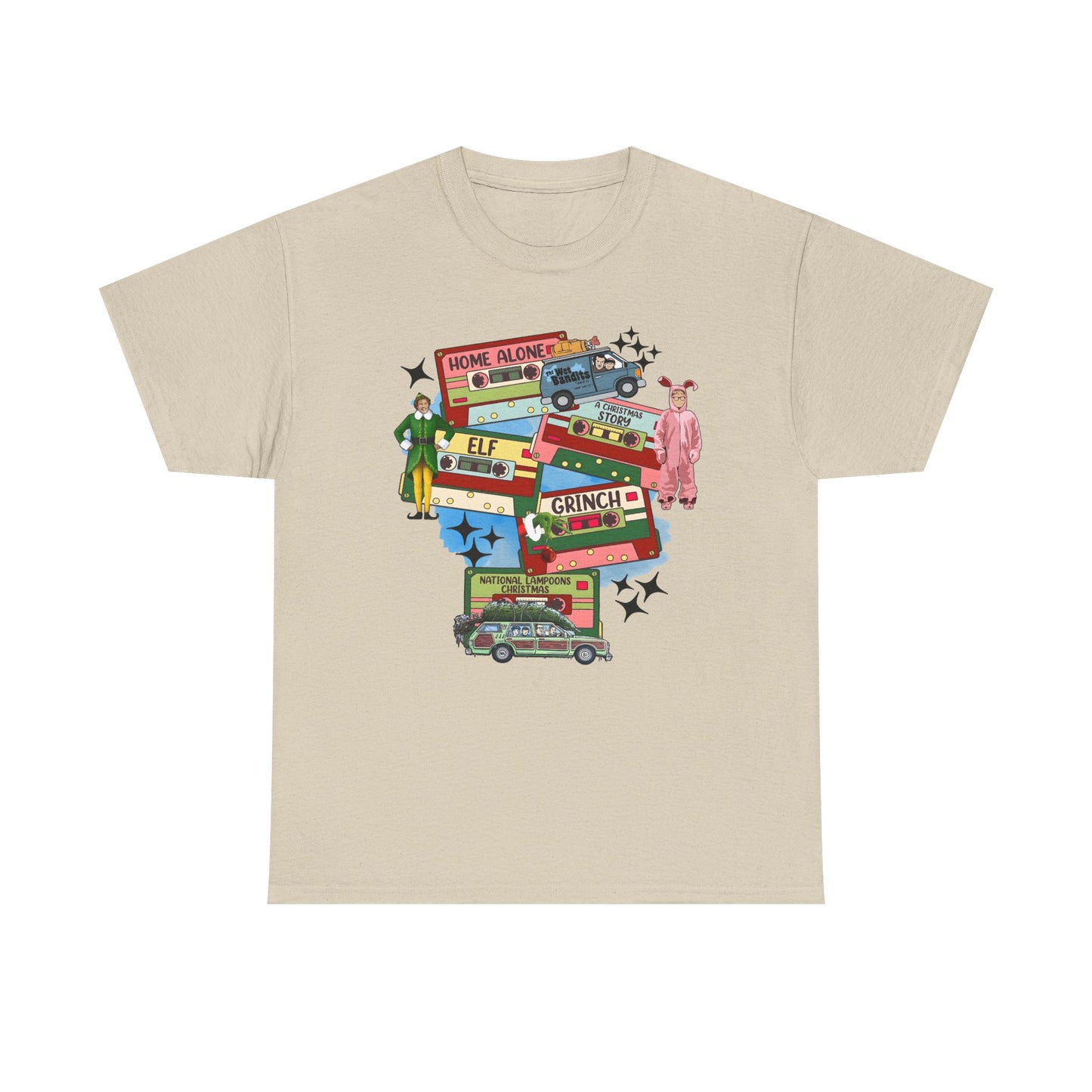 Retro Holiday Movie Stack T-Shirt — Elf, Grinch & Classic Christmas Cars Graphic Tee