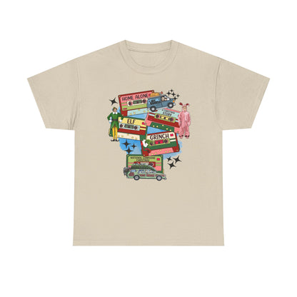 Retro Holiday Movie Stack T-Shirt — Elf, Grinch & Classic Christmas Cars Graphic Tee