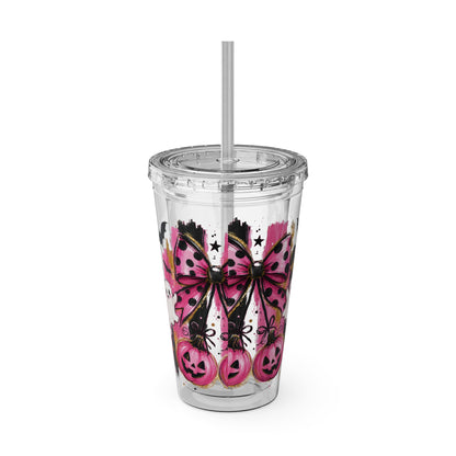Halloween Pink Ghost Tumbler with Straw — 16oz Cute Pumpkin & Bow Drink Cup