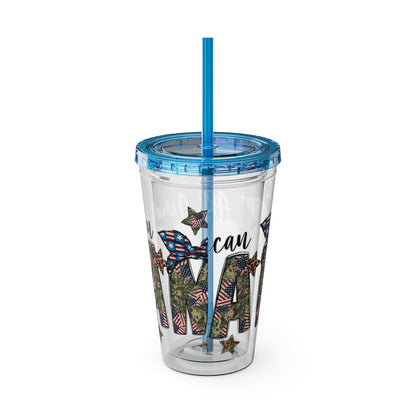 Patriotic Mama 16oz Tumbler with Straw — All American Floral Flag Design