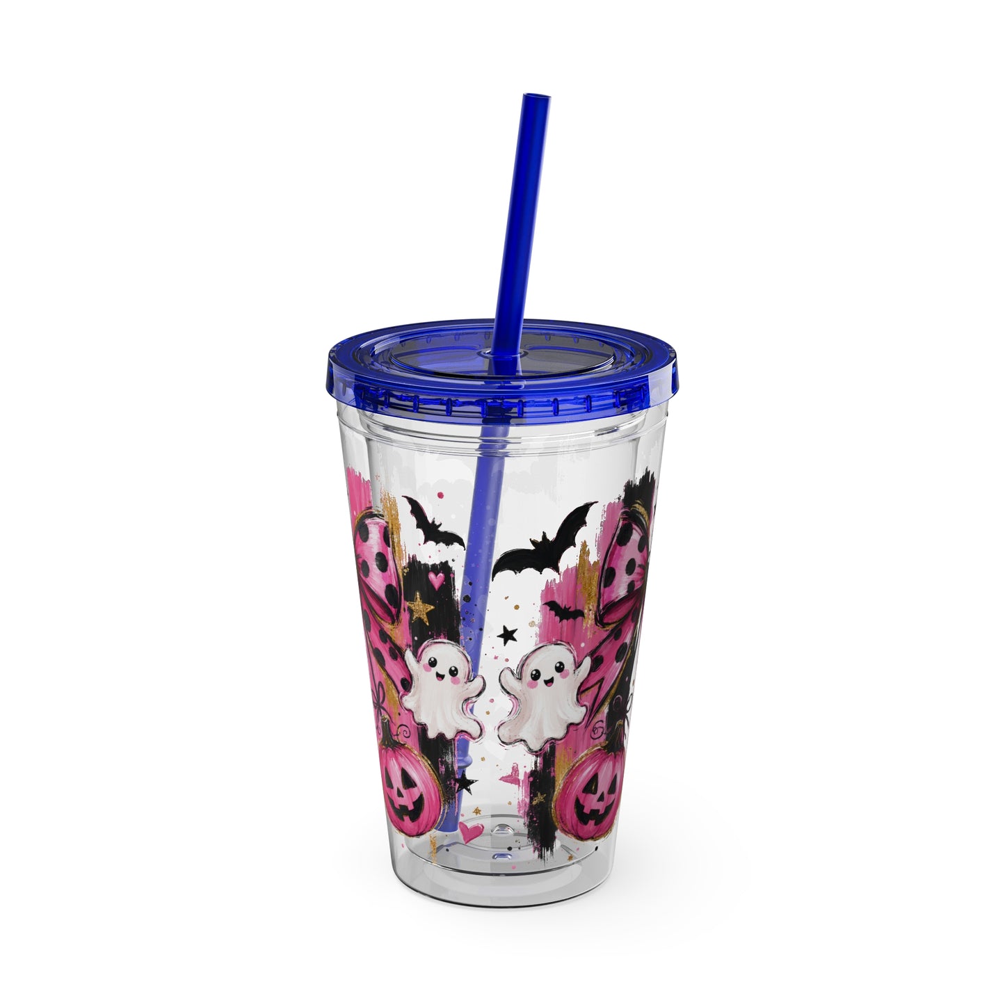 Halloween Pink Ghost Tumbler with Straw — 16oz Cute Pumpkin & Bow Drink Cup