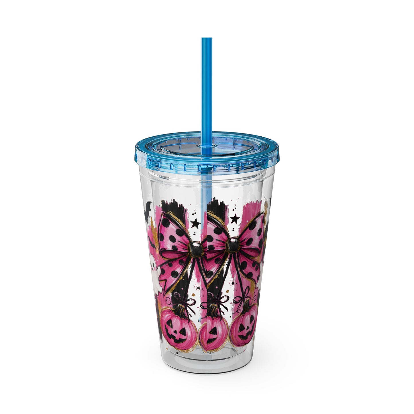 Halloween Pink Ghost Tumbler with Straw — 16oz Cute Pumpkin & Bow Drink Cup