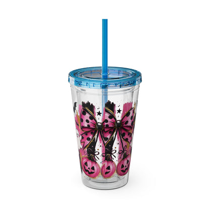 Halloween Pink Ghost Tumbler with Straw — 16oz Cute Pumpkin & Bow Drink Cup