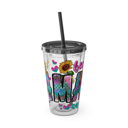 16oz Sunsplash Tumbler with Straw — Floral 'Because I Am' Colorful Sunflower Design