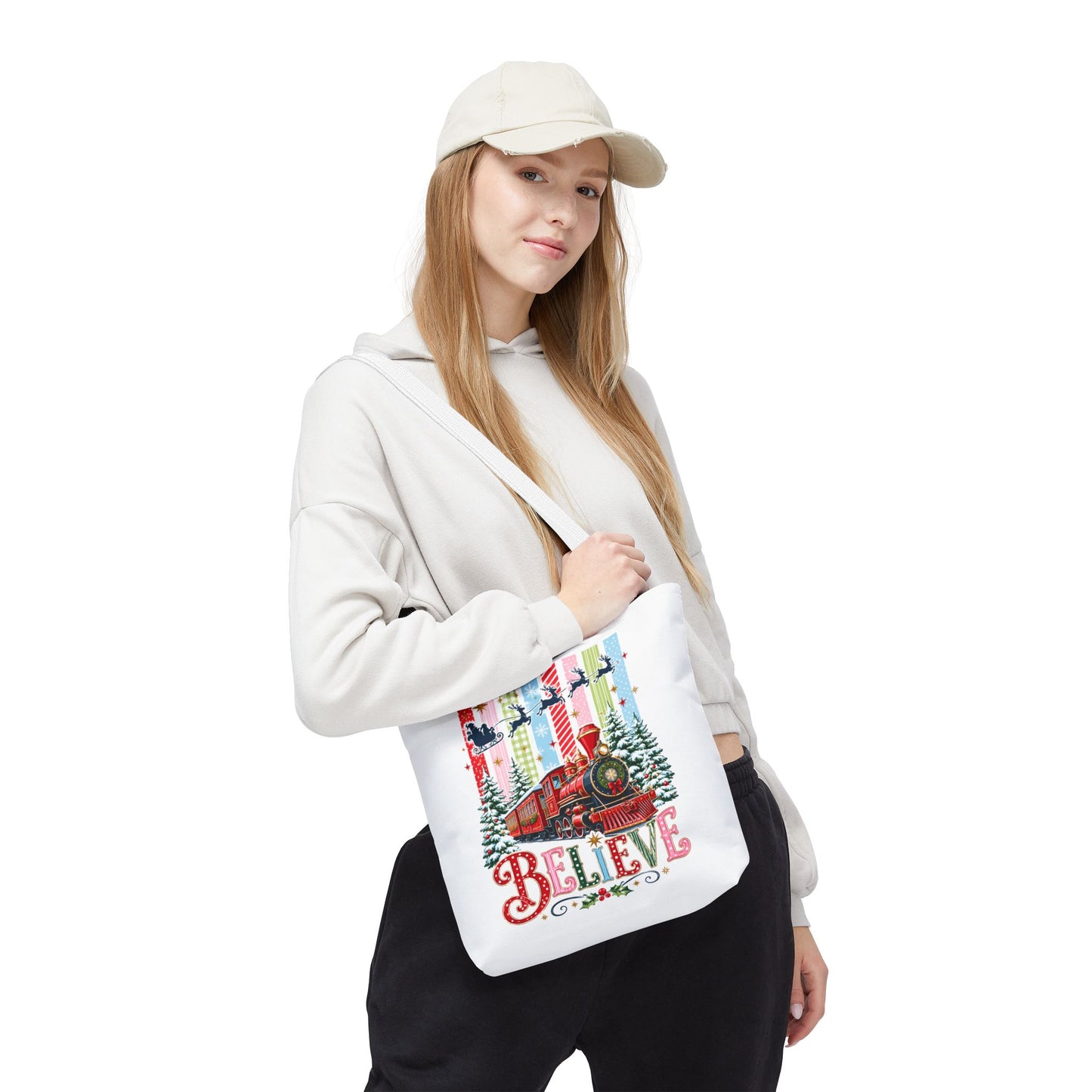 Believe Christmas Tote Bag — Vintage Holiday Train Gift Tote