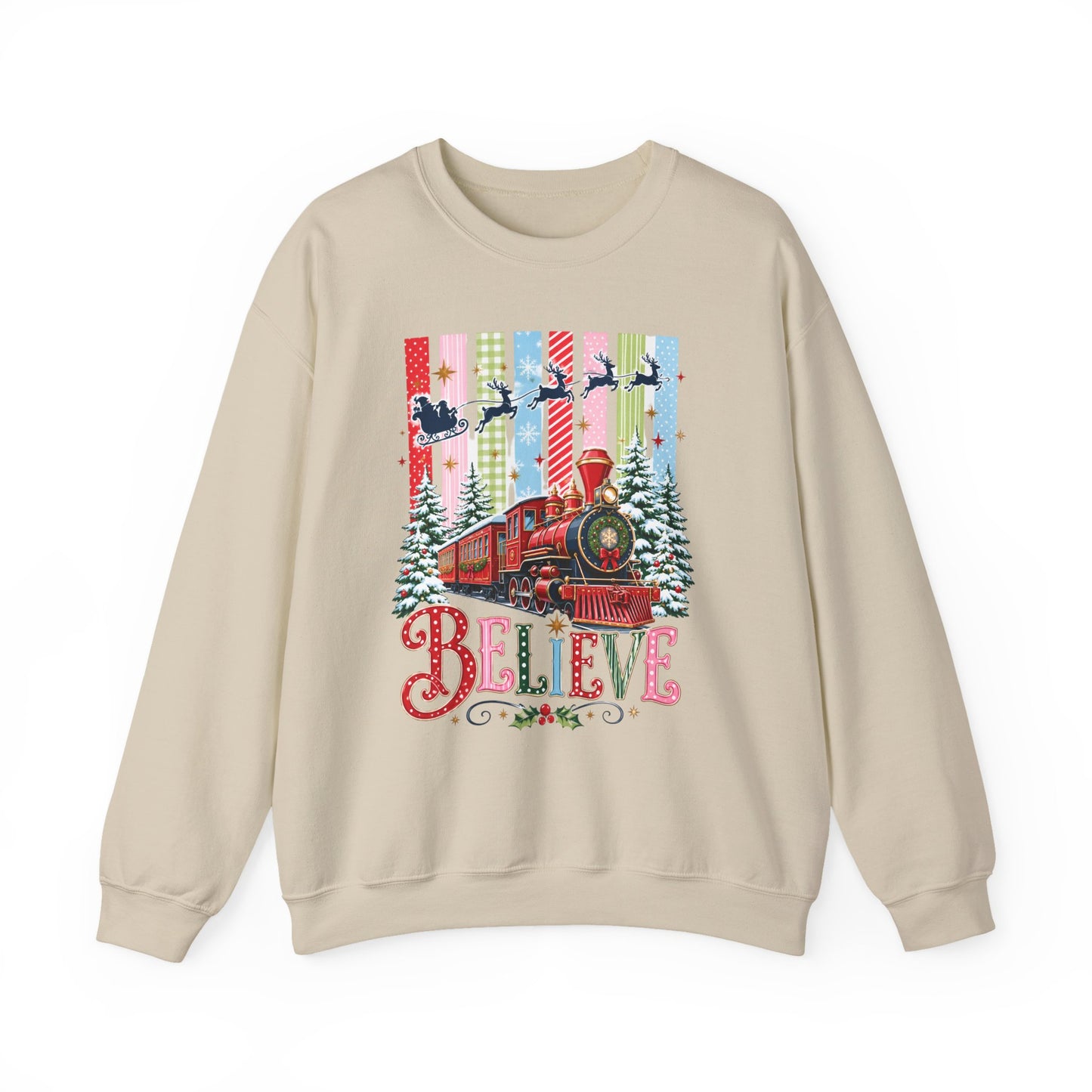 Believe Christmas Crewneck Sweatshirt — Vintage Holiday Train & Santa Silhouette