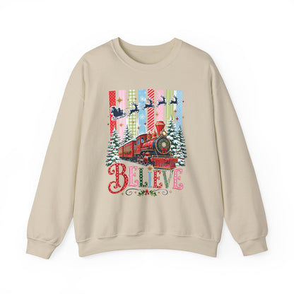 Believe Christmas Crewneck Sweatshirt — Vintage Holiday Train & Santa Silhouette