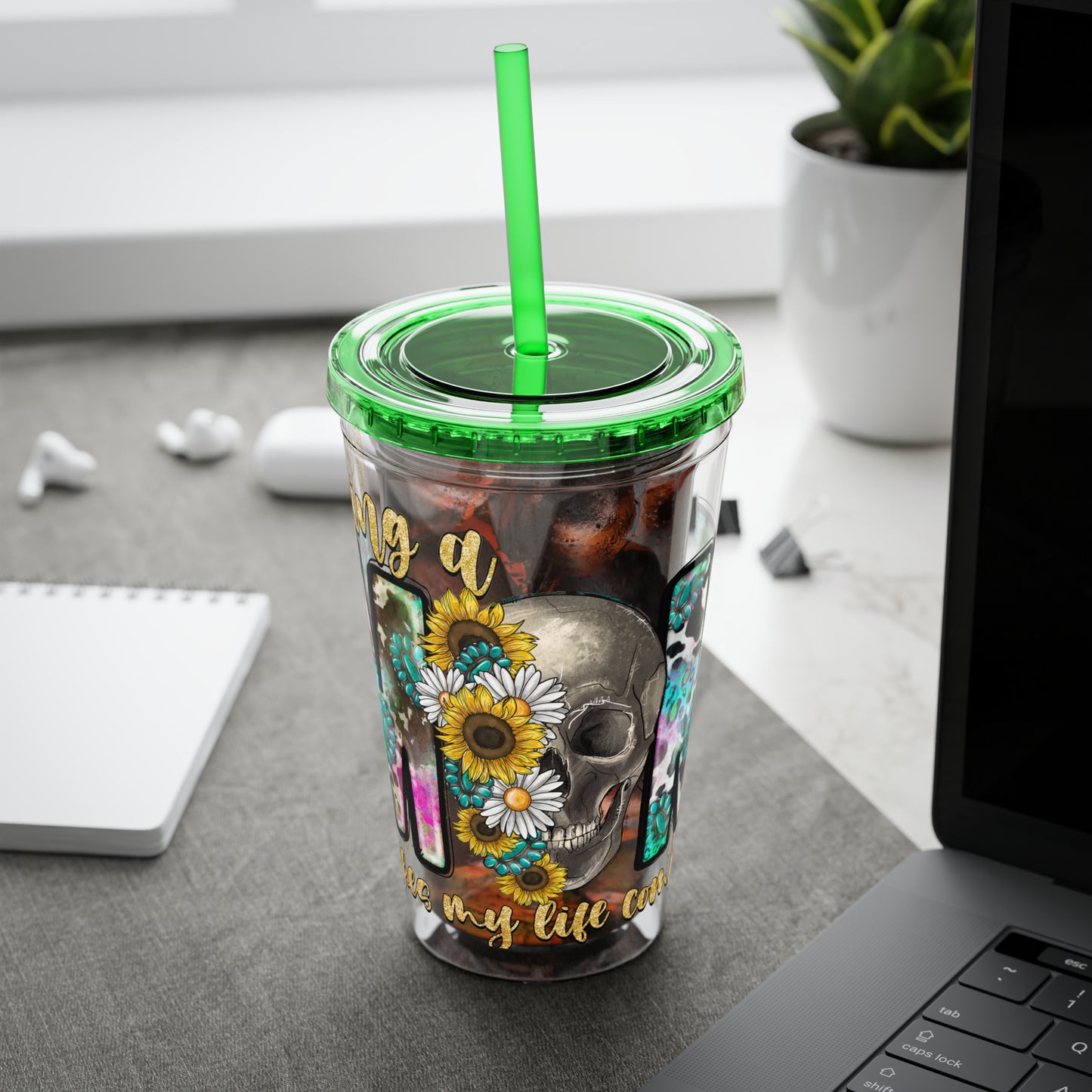 16oz Tumbler with Straw - "Being You" Floral Skull Cold Drink Cup Sunsplash Skull & Sunflower