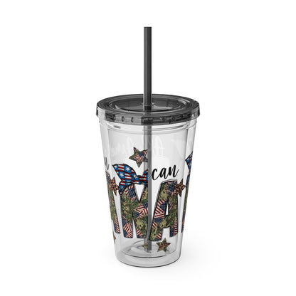 Patriotic Mama 16oz Tumbler with Straw — All American Floral Flag Design
