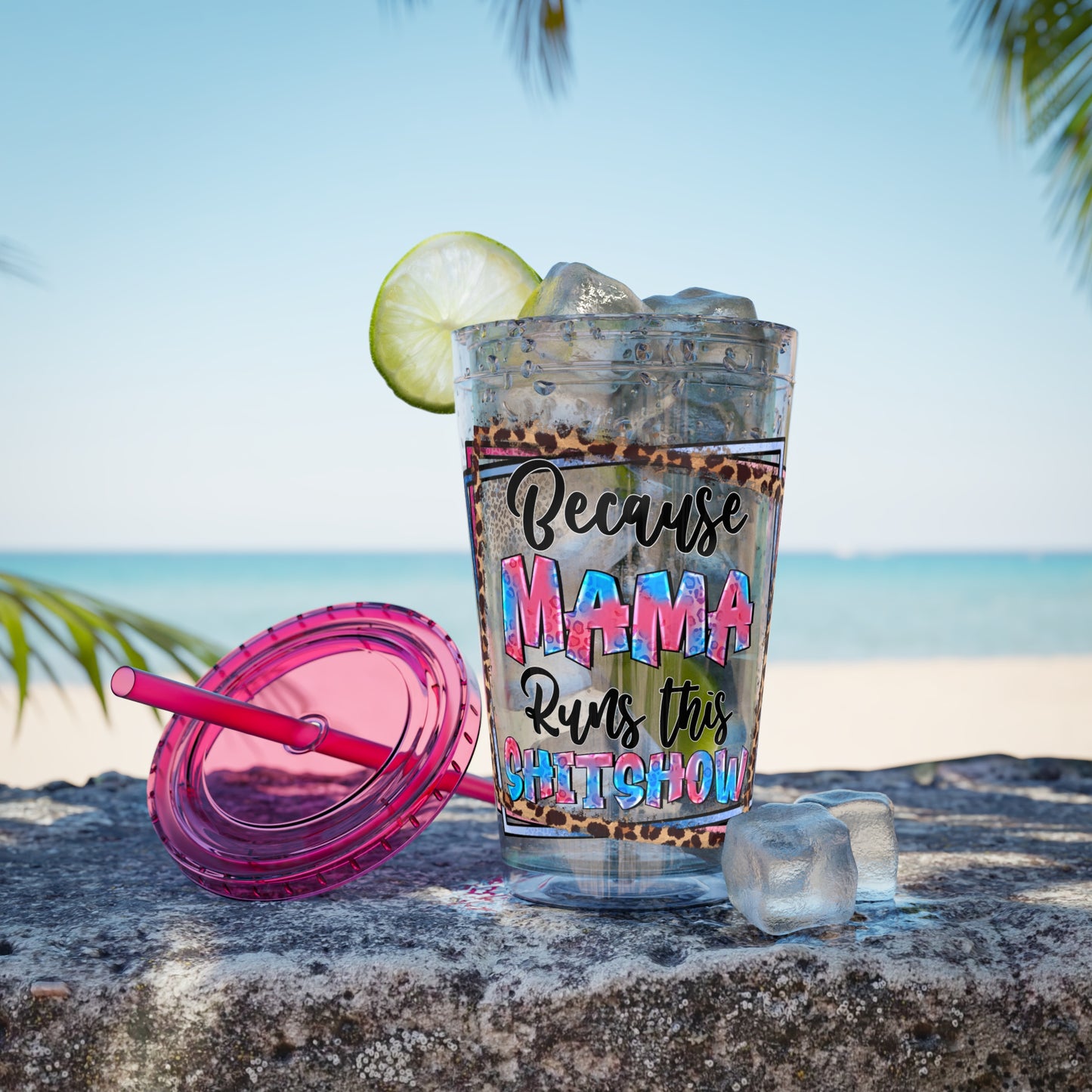 16oz Tumbler with Straw — "Because Mama Runs This…" Leopard Accent Travel Cup