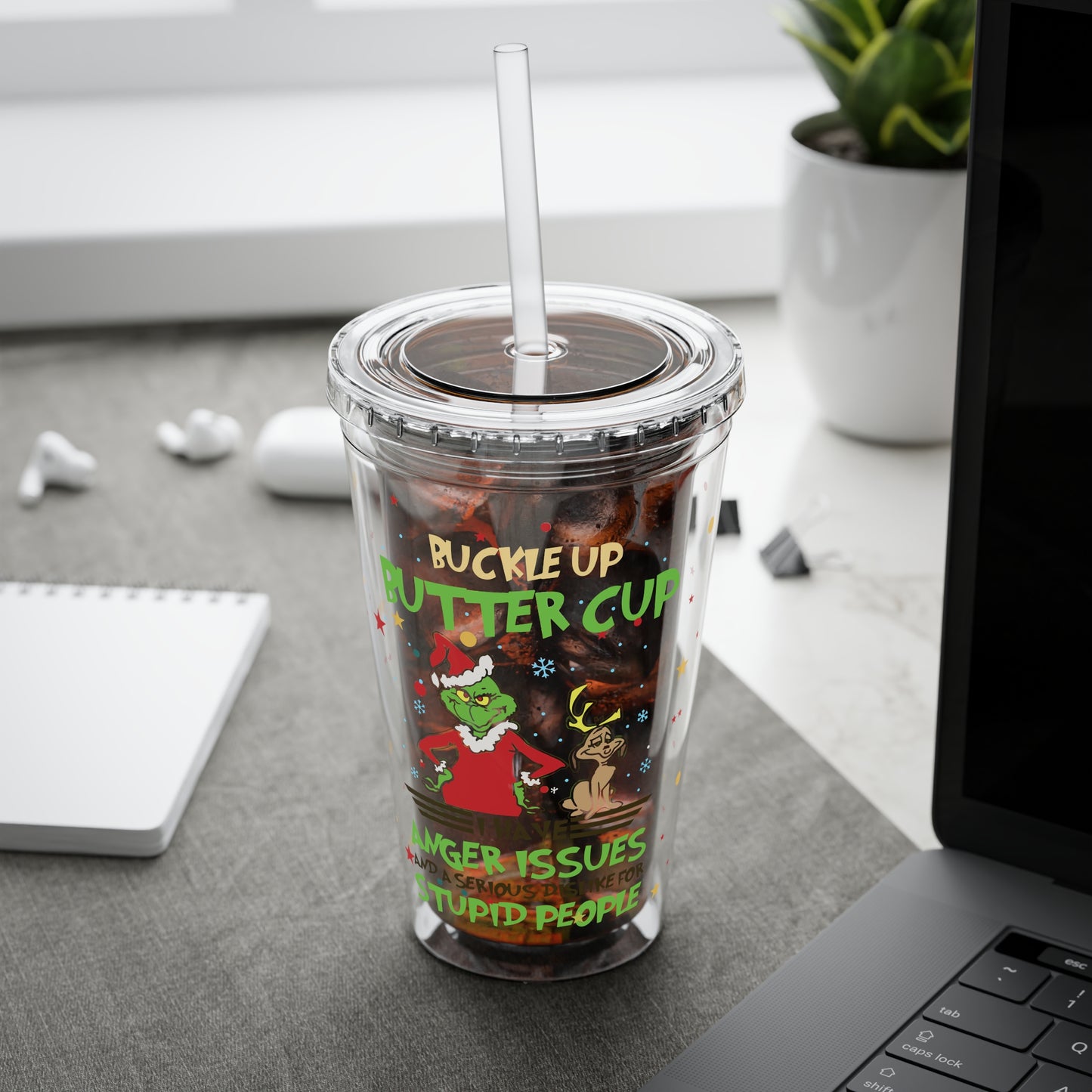 16oz Tumbler with Straw — 'Buckle Up Buttercup' Grinch Holiday Travel Cup