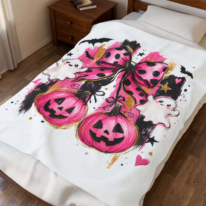 Pink Halloween Plush Blanket - Cute Ghosts, Bats & Jack-O’-Lanterns Velveteen Throw