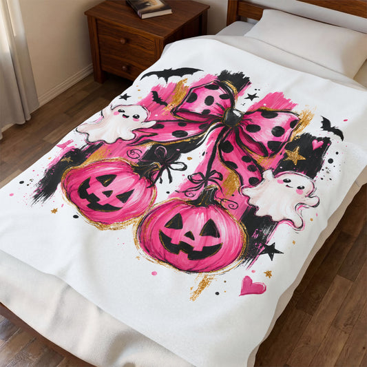 Pink Halloween Plush Blanket - Cute Ghosts, Bats & Jack-O’-Lanterns Velveteen Throw