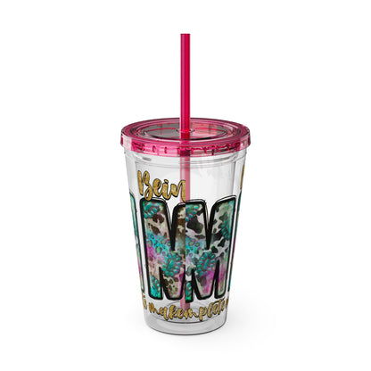 16oz Tumbler with Straw - "Being You" Floral Skull Cold Drink Cup Sunsplash Skull & Sunflower