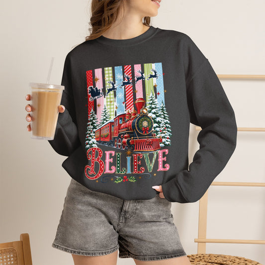 Believe Christmas Crewneck Sweatshirt — Vintage Holiday Train & Santa Silhouette