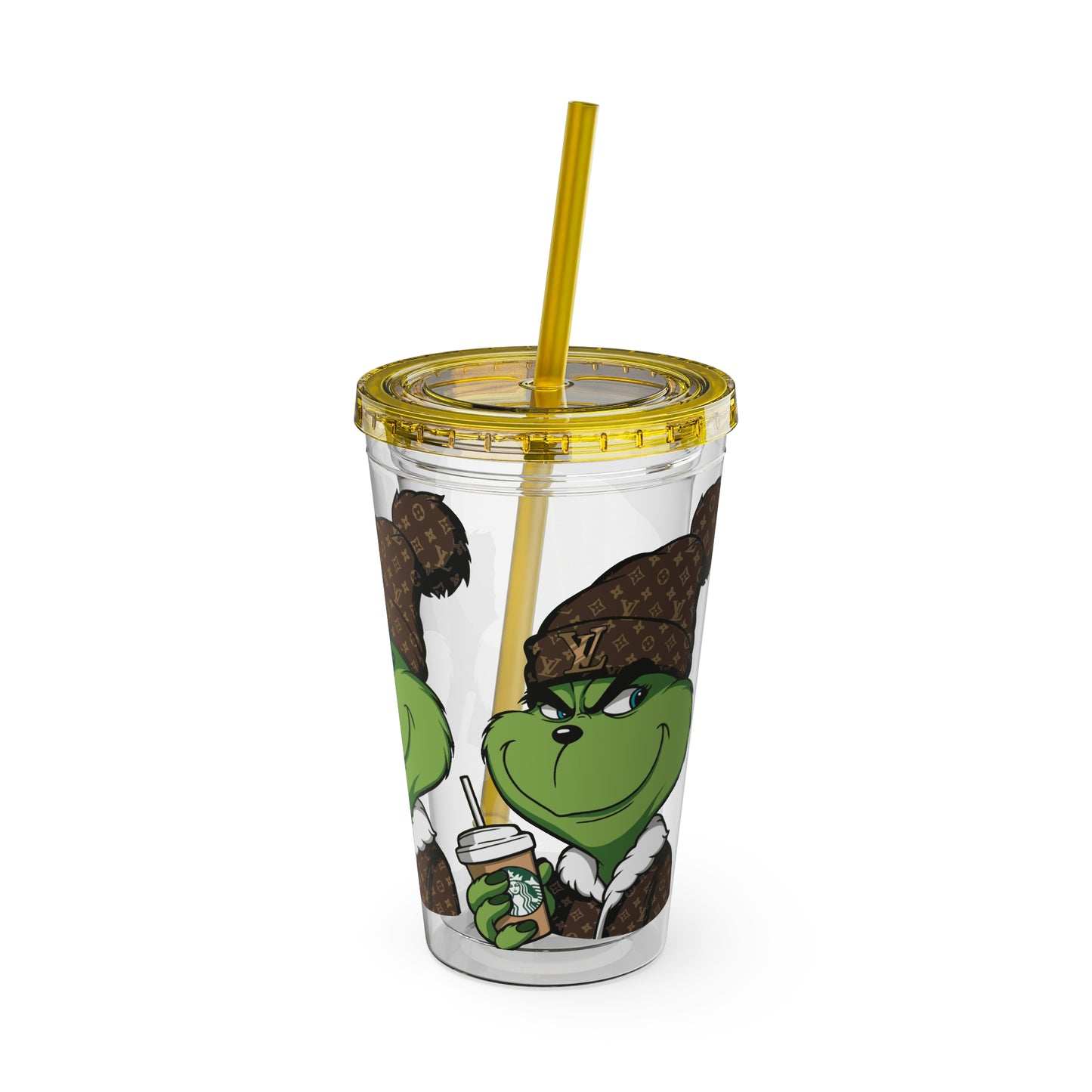 16oz Tumbler — Grinch in Designer Beanie Clear Straw Cup