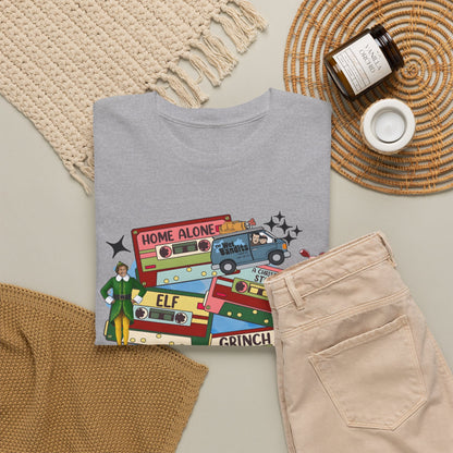 Retro Holiday Movie Stack T-Shirt — Elf, Grinch & Classic Christmas Cars Graphic Tee