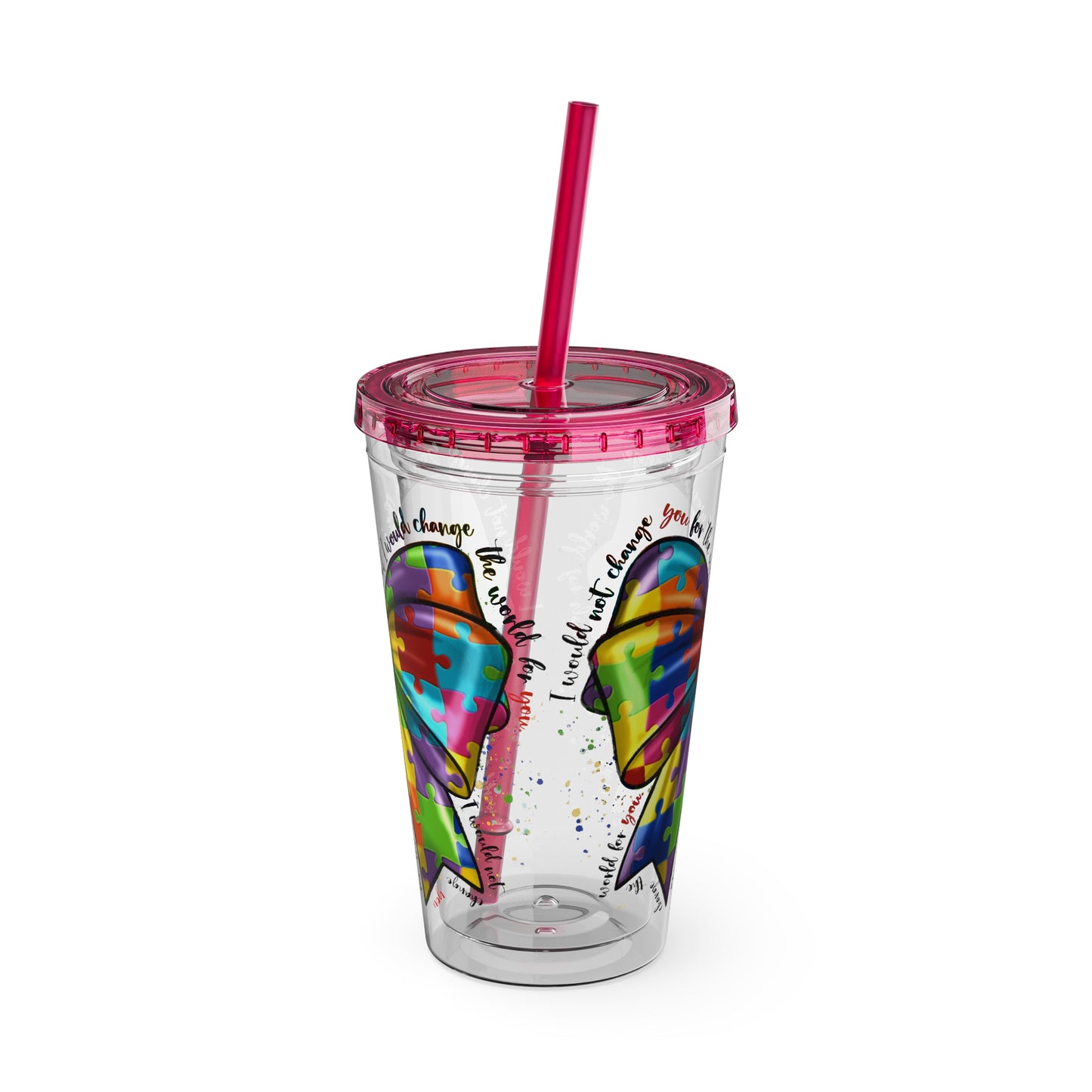 Autism Awareness Rainbow Puzzle Bow Tumbler with Straw, 16oz