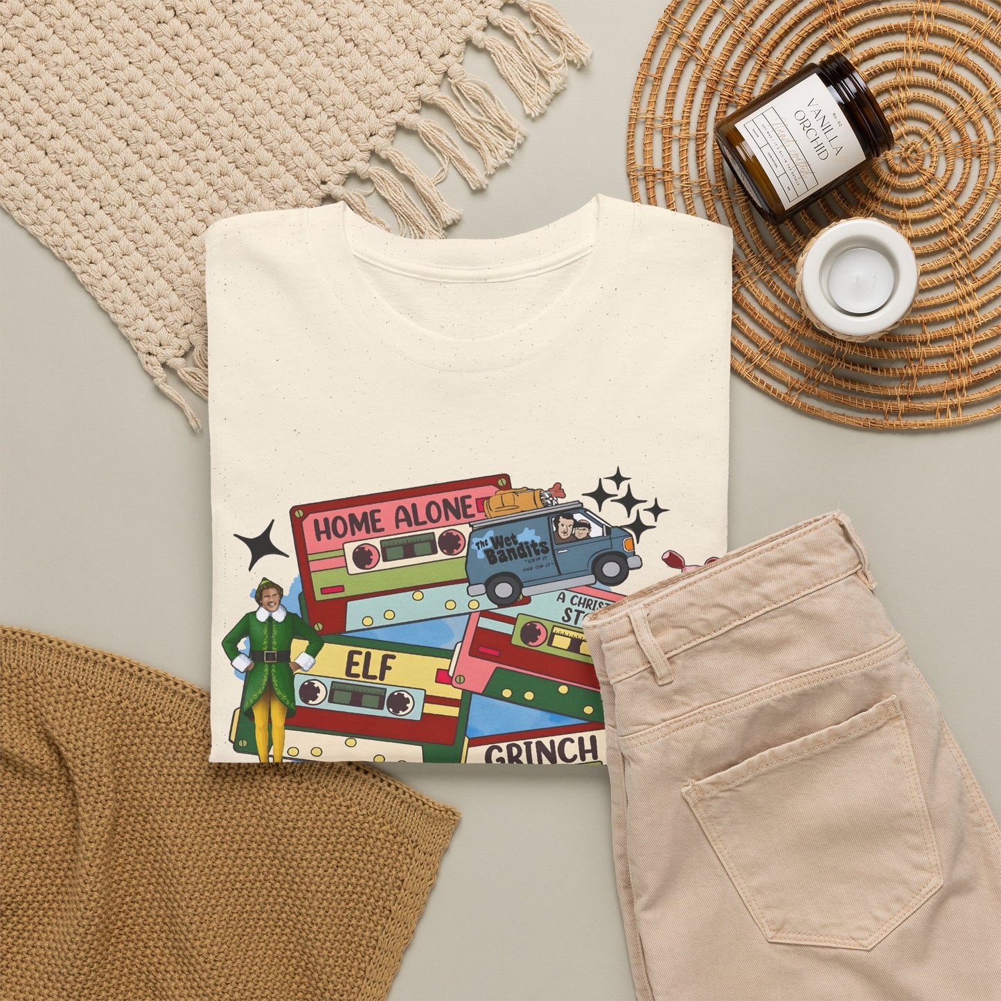 Retro Holiday Movie Stack T-Shirt — Elf, Grinch & Classic Christmas Cars Graphic Tee