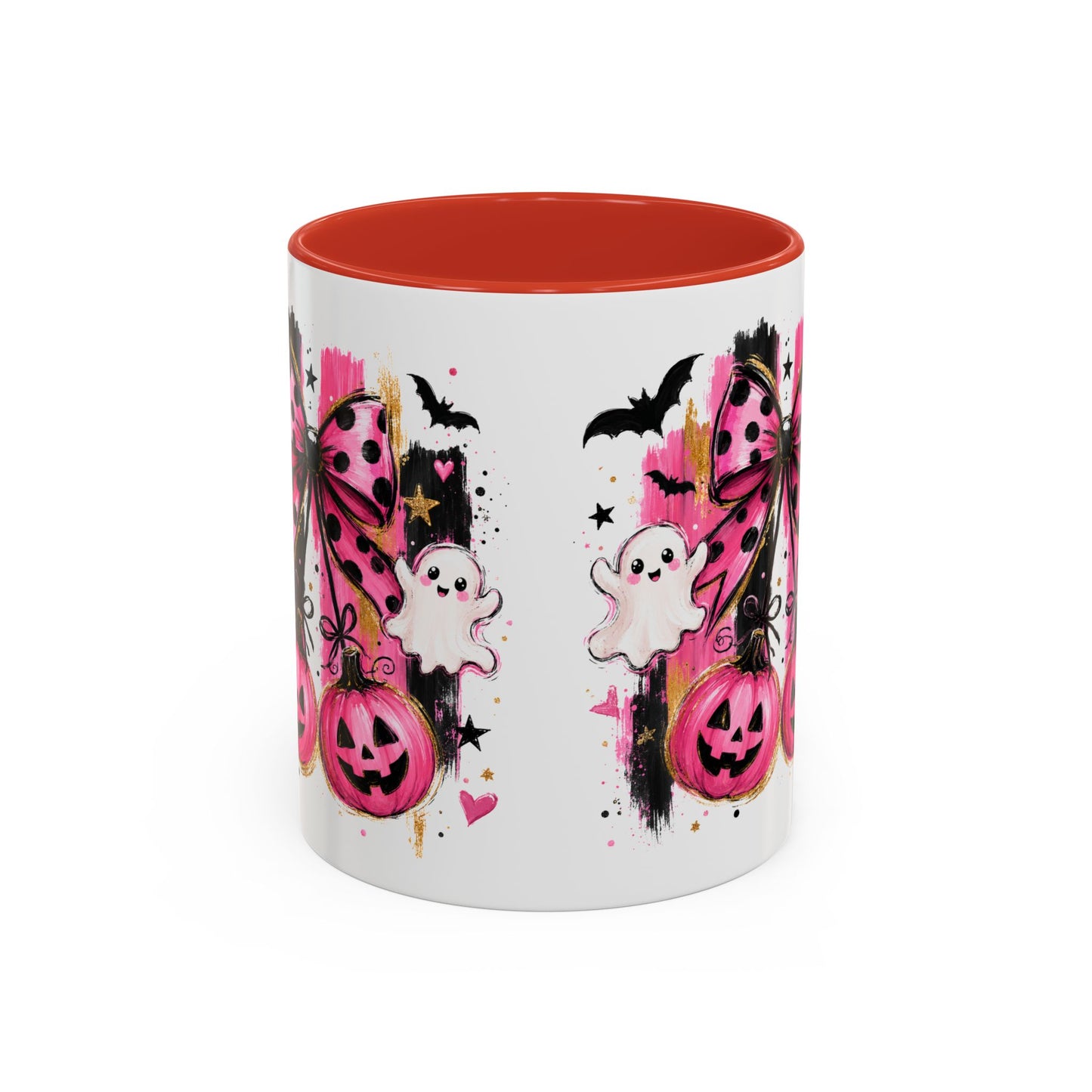 Halloween Pink Pumpkin Coffee Mug — Cute Ghosts & Bow Accent Mug (11/15oz)