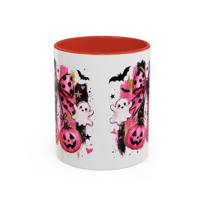 Halloween Pink Pumpkin Coffee Mug — Cute Ghosts & Bow Accent Mug (11/15oz)