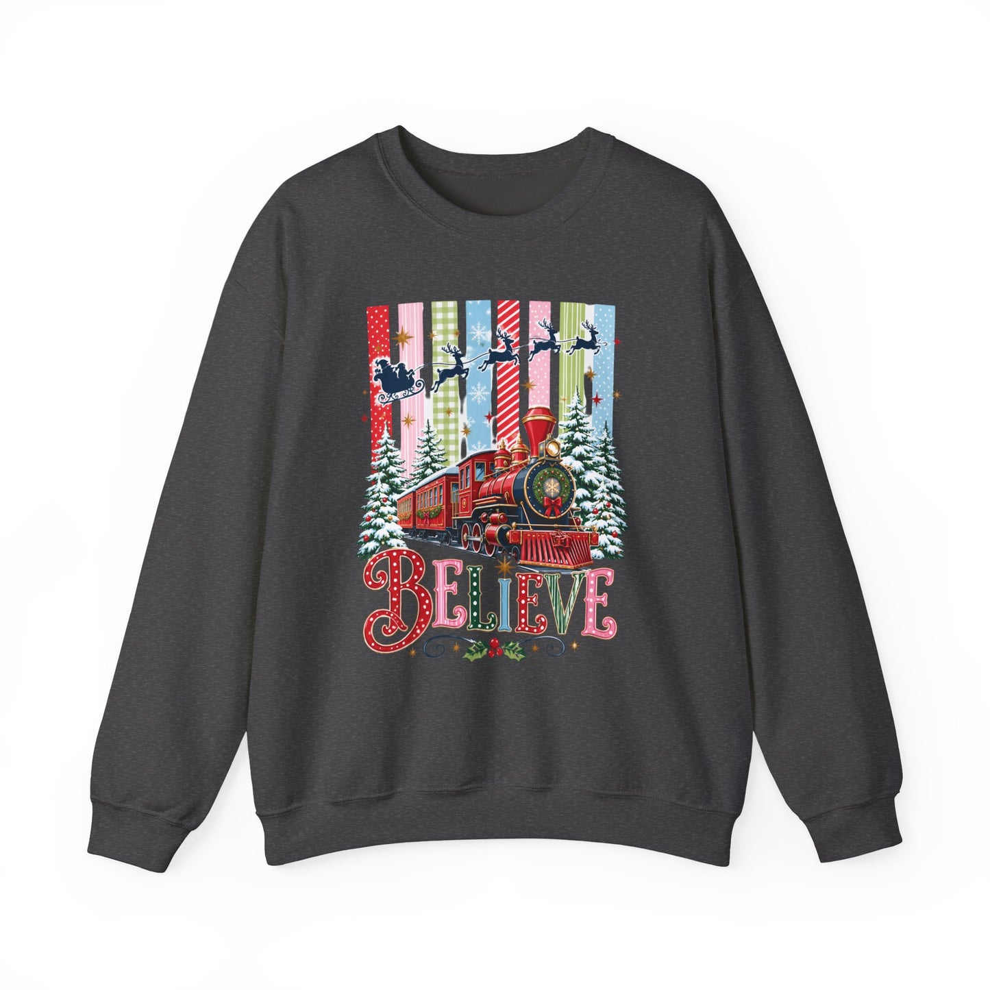 Believe Christmas Crewneck Sweatshirt — Vintage Holiday Train & Santa Silhouette