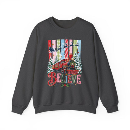 Believe Christmas Crewneck Sweatshirt — Vintage Holiday Train & Santa Silhouette