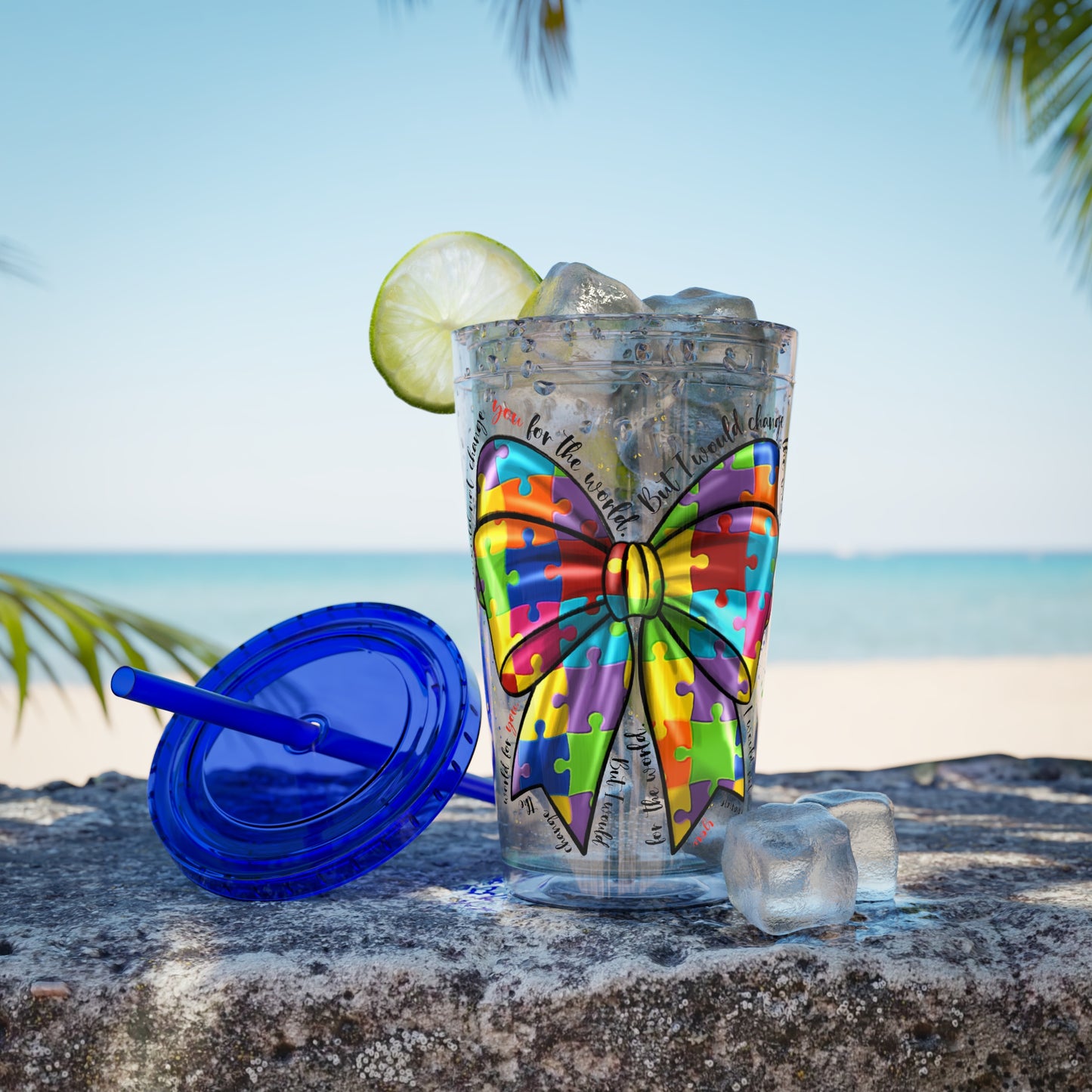 Autism Awareness Rainbow Puzzle Bow Tumbler with Straw, 16oz