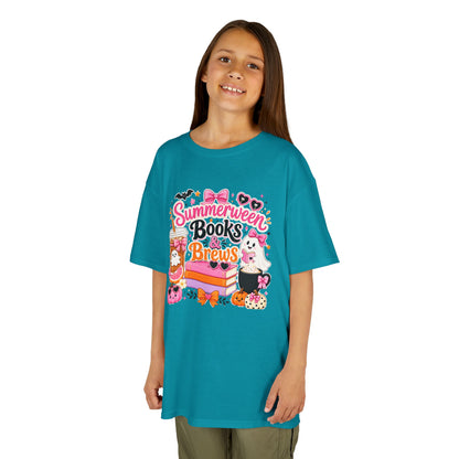 Kids Tee — "Summerween Books & Brew" Cute Halloween Reading Shirt