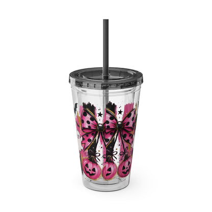 Halloween Pink Ghost Tumbler with Straw — 16oz Cute Pumpkin & Bow Drink Cup