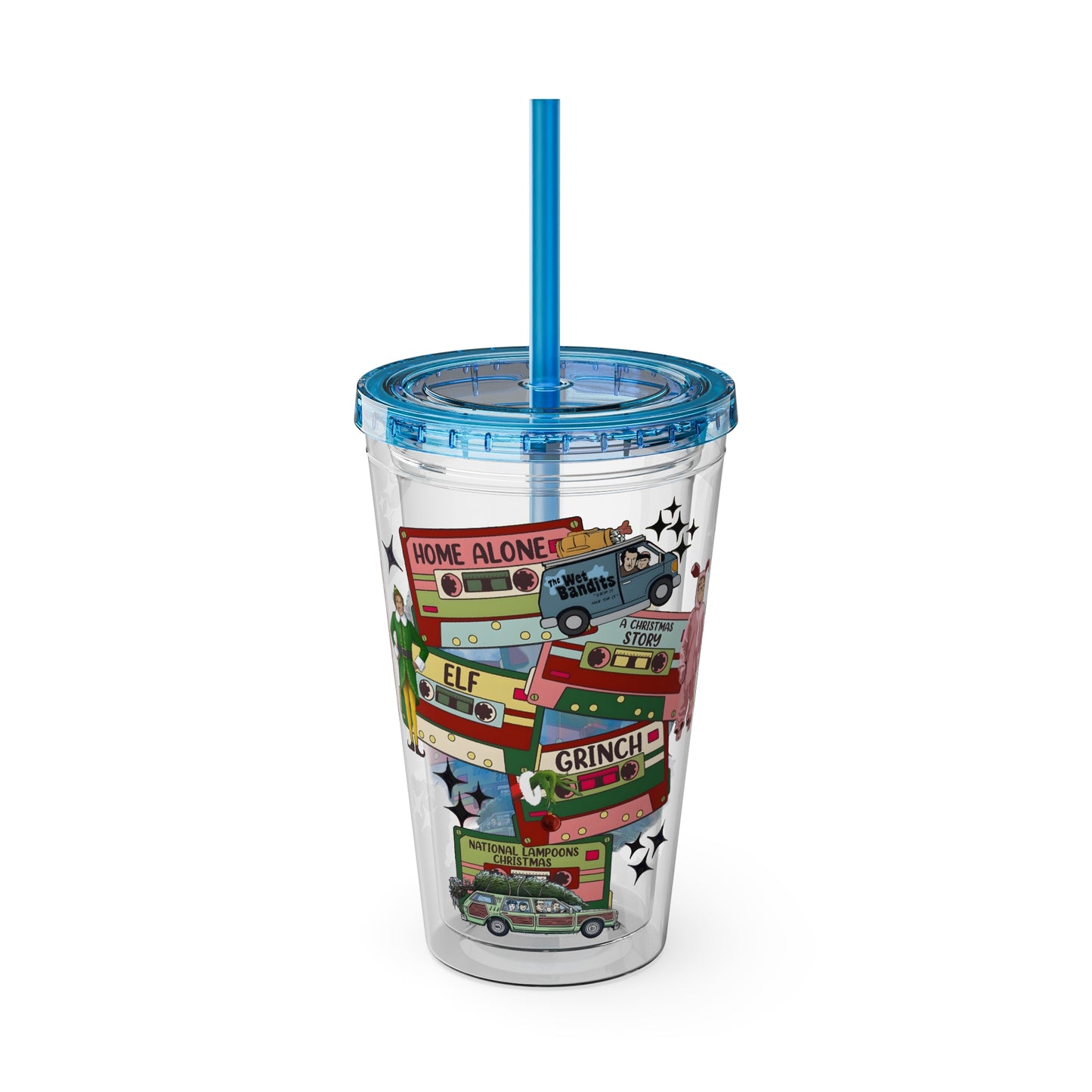 Holiday Movie Vans 16oz Tumbler with Straw – Christmas Classics Design (Home Alone, Elf, Grinch)