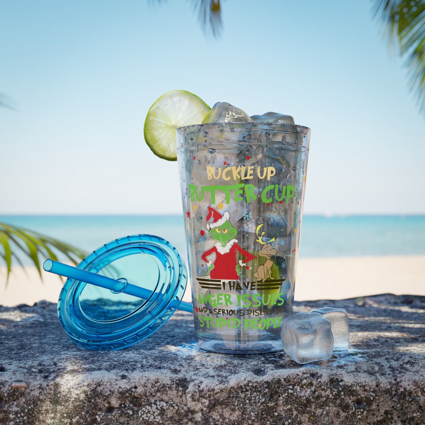 16oz Tumbler with Straw — 'Buckle Up Buttercup' Grinch Holiday Travel Cup