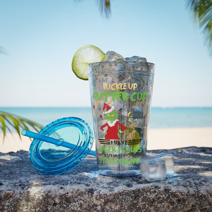 16oz Tumbler with Straw — 'Buckle Up Buttercup' Grinch Holiday Travel Cup