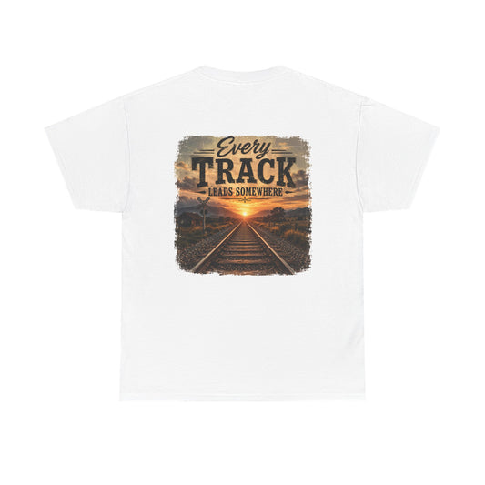 "Every Track Leads Somewhere" Sunset Railroad Graphic Tee