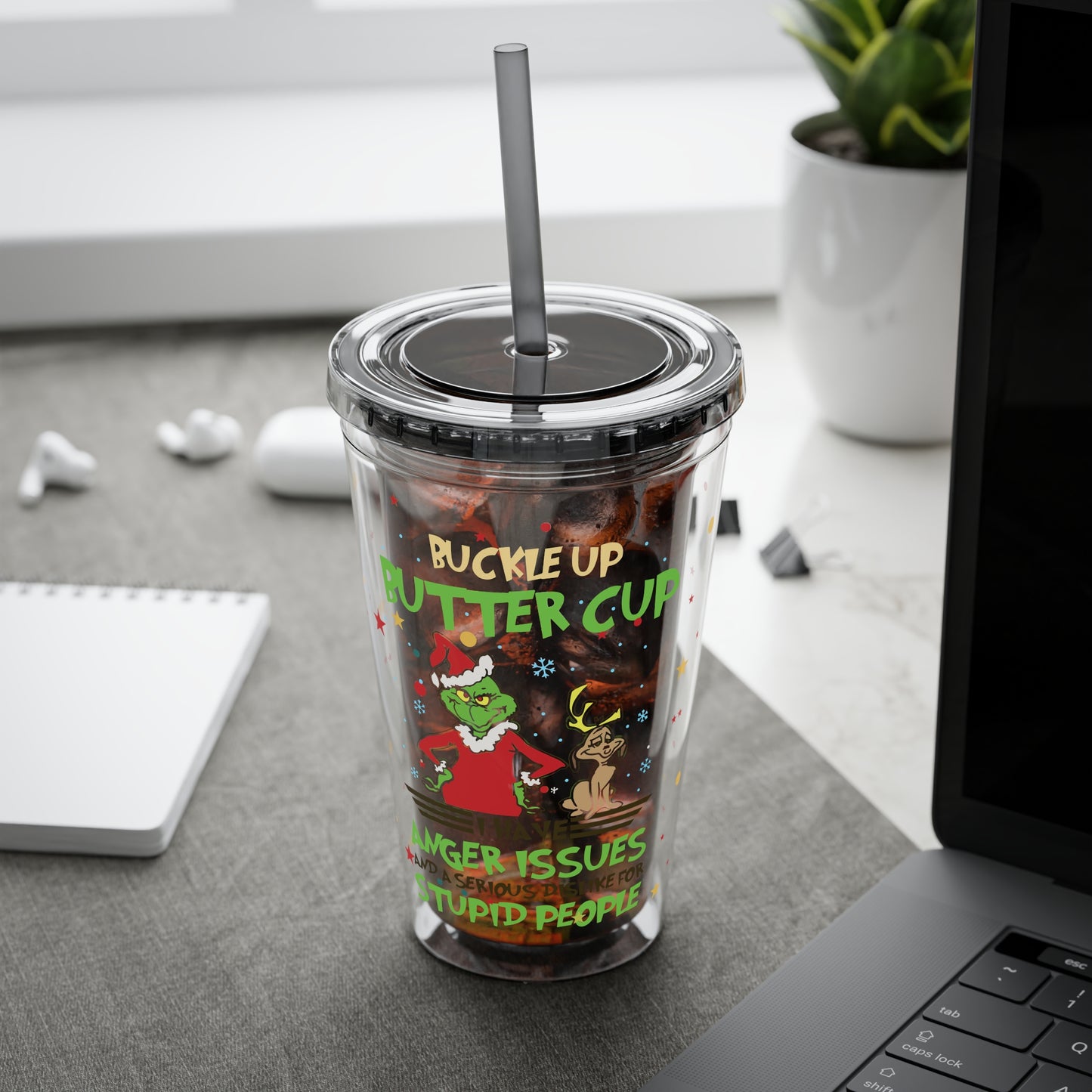 16oz Tumbler with Straw — 'Buckle Up Buttercup' Grinch Holiday Travel Cup