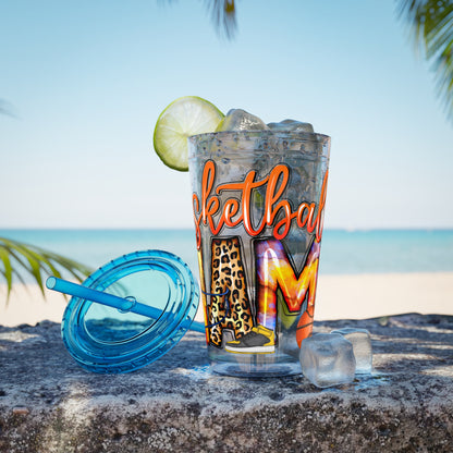 Basketball Mom 16oz Tumbler with Straw — Leopard & Plaid Sunsplash Design