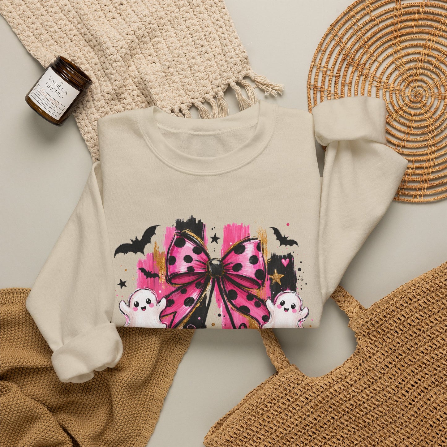 Halloween Pink Pumpkin Crewneck Sweatshirt — Cute Ghosts & Bow Graphic