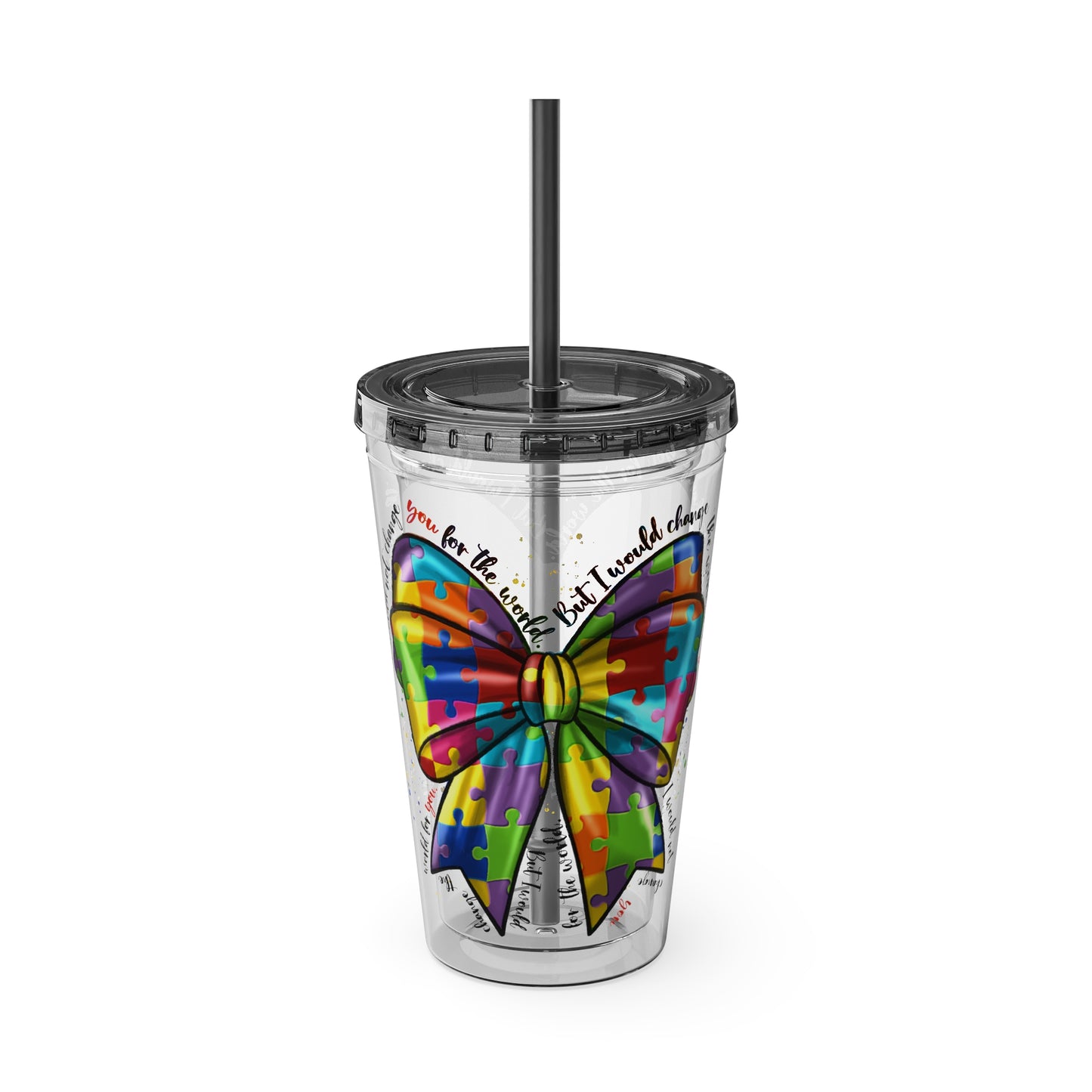 Autism Awareness Rainbow Puzzle Bow Tumbler with Straw, 16oz