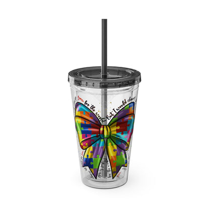 Autism Awareness Rainbow Puzzle Bow Tumbler with Straw, 16oz