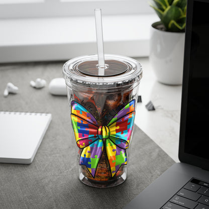 Autism Awareness Rainbow Puzzle Bow Tumbler with Straw, 16oz
