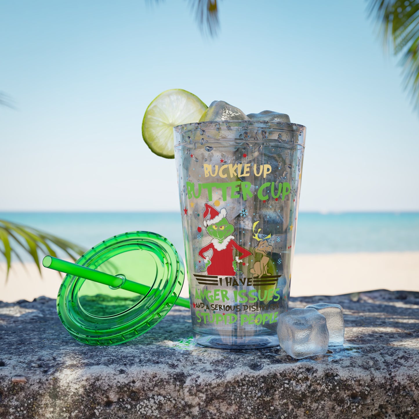 16oz Tumbler with Straw — 'Buckle Up Buttercup' Grinch Holiday Travel Cup