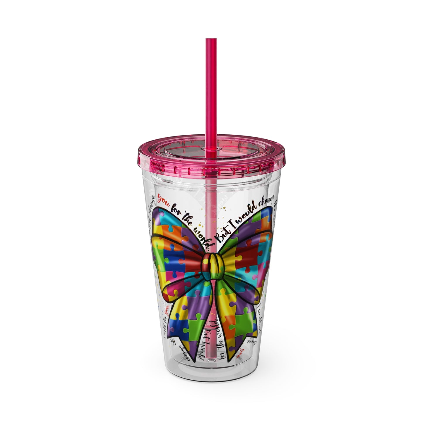 Autism Awareness Rainbow Puzzle Bow Tumbler with Straw, 16oz