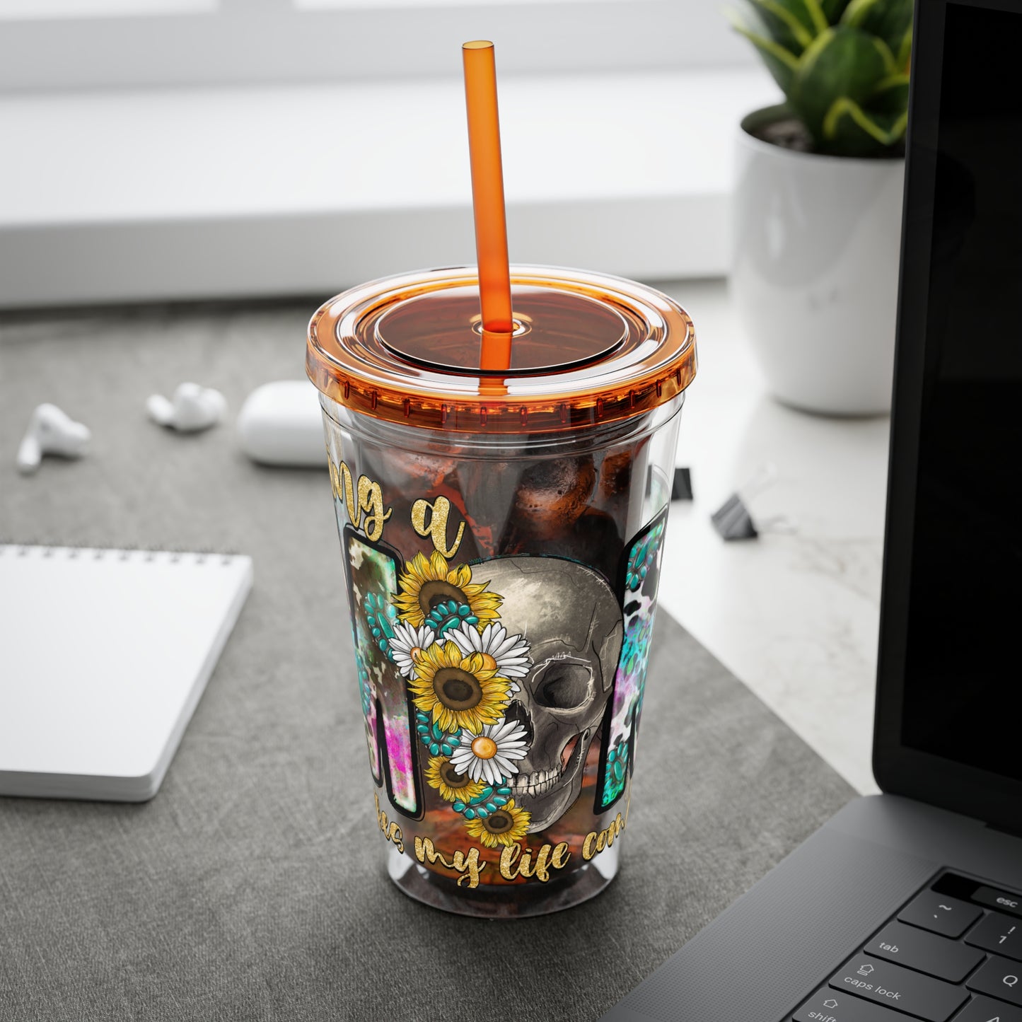 16oz Tumbler with Straw - "Being You" Floral Skull Cold Drink Cup Sunsplash Skull & Sunflower