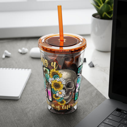 16oz Tumbler with Straw - "Being You" Floral Skull Cold Drink Cup Sunsplash Skull & Sunflower