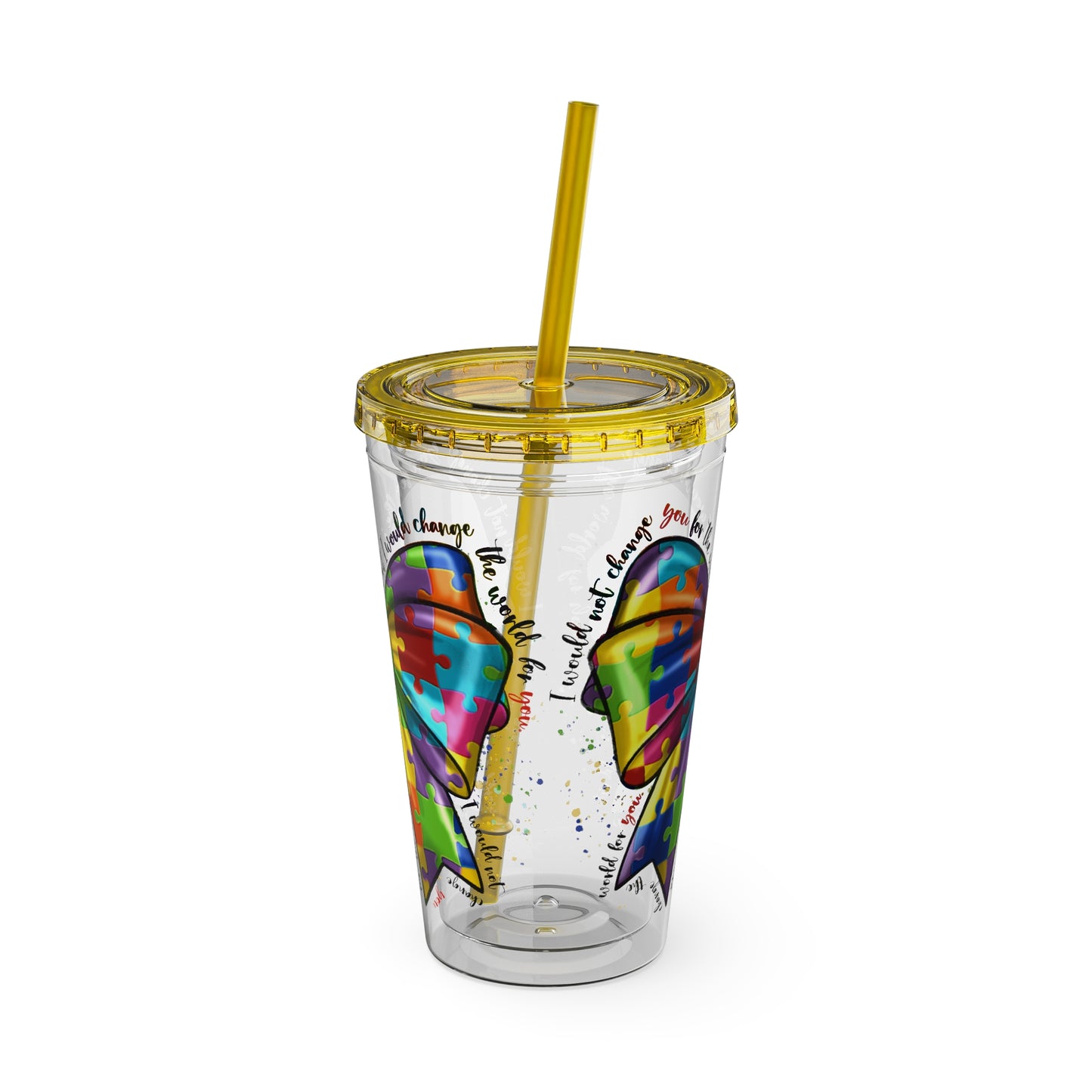 Autism Awareness Rainbow Puzzle Bow Tumbler with Straw, 16oz