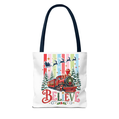 Believe Christmas Tote Bag — Vintage Holiday Train Gift Tote