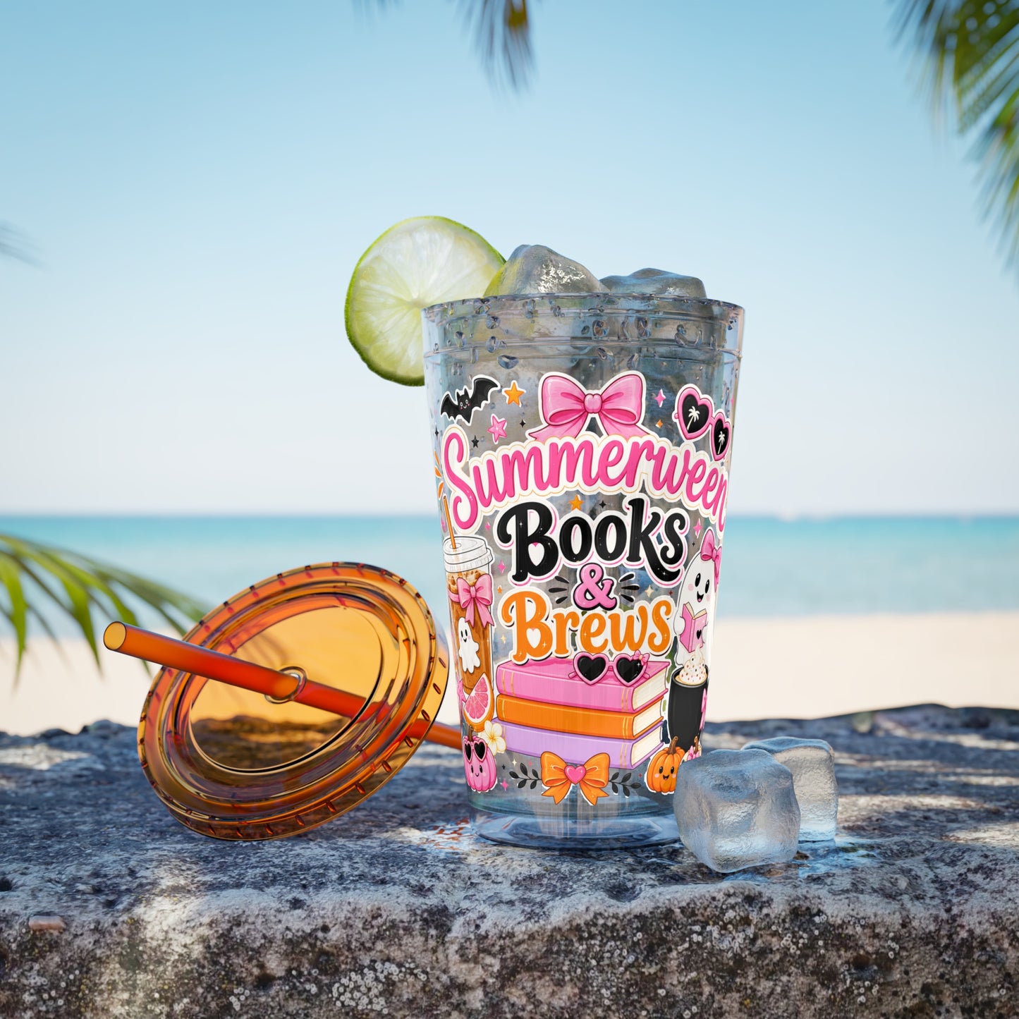 Summerween Books & Brews Tumbler — 16oz Straw Cup for Book Lovers